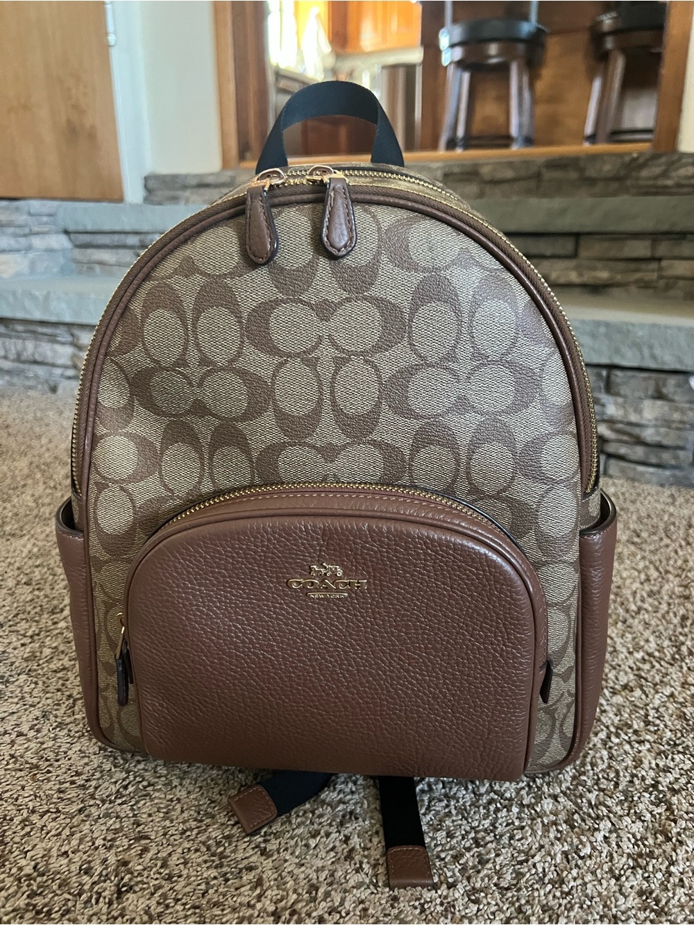 Coach Brown Signature Mini Backpack with Leather Trim